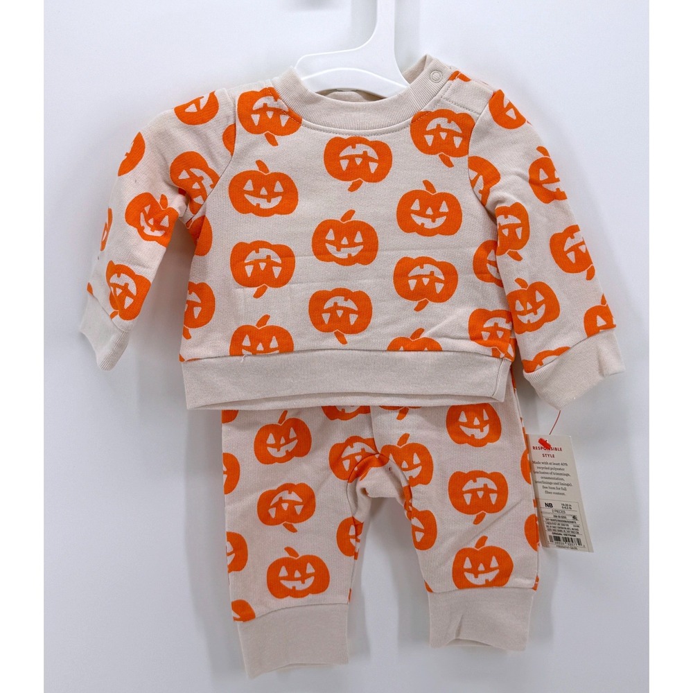 Cat & Jack Baby Halloween Pumpkin Pajama Set 2pc Cream Orange Jack-O-Lantern